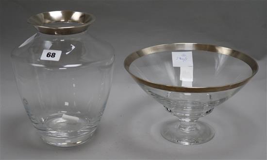 A Dartington glass silver mounted vase and a bowl